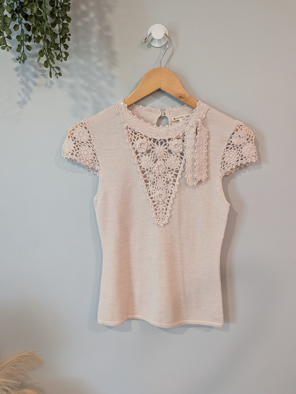 Nanette Lepore Pale Wool Beige Crochet Yoke Cap-Sleeve Top Xs